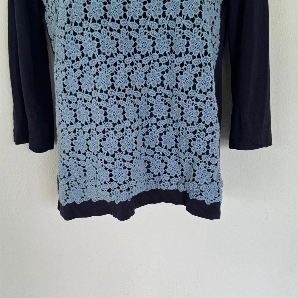 J. Crew blue floral textured eyelet lace 3/4 sleeve cotton knit top size XS